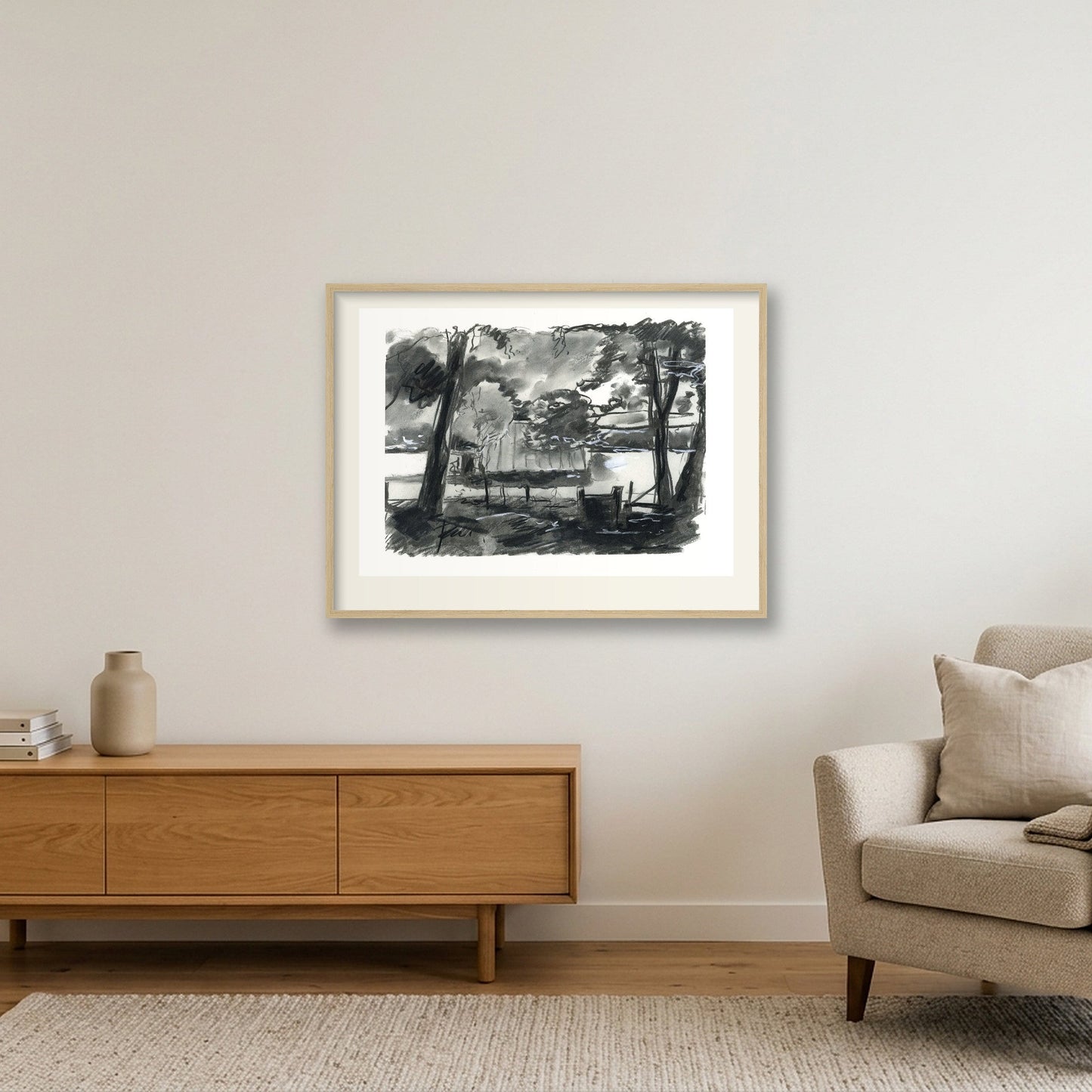 Chalford Valley Shed through trees — 80×60cm, 31×24" Oak Frame
