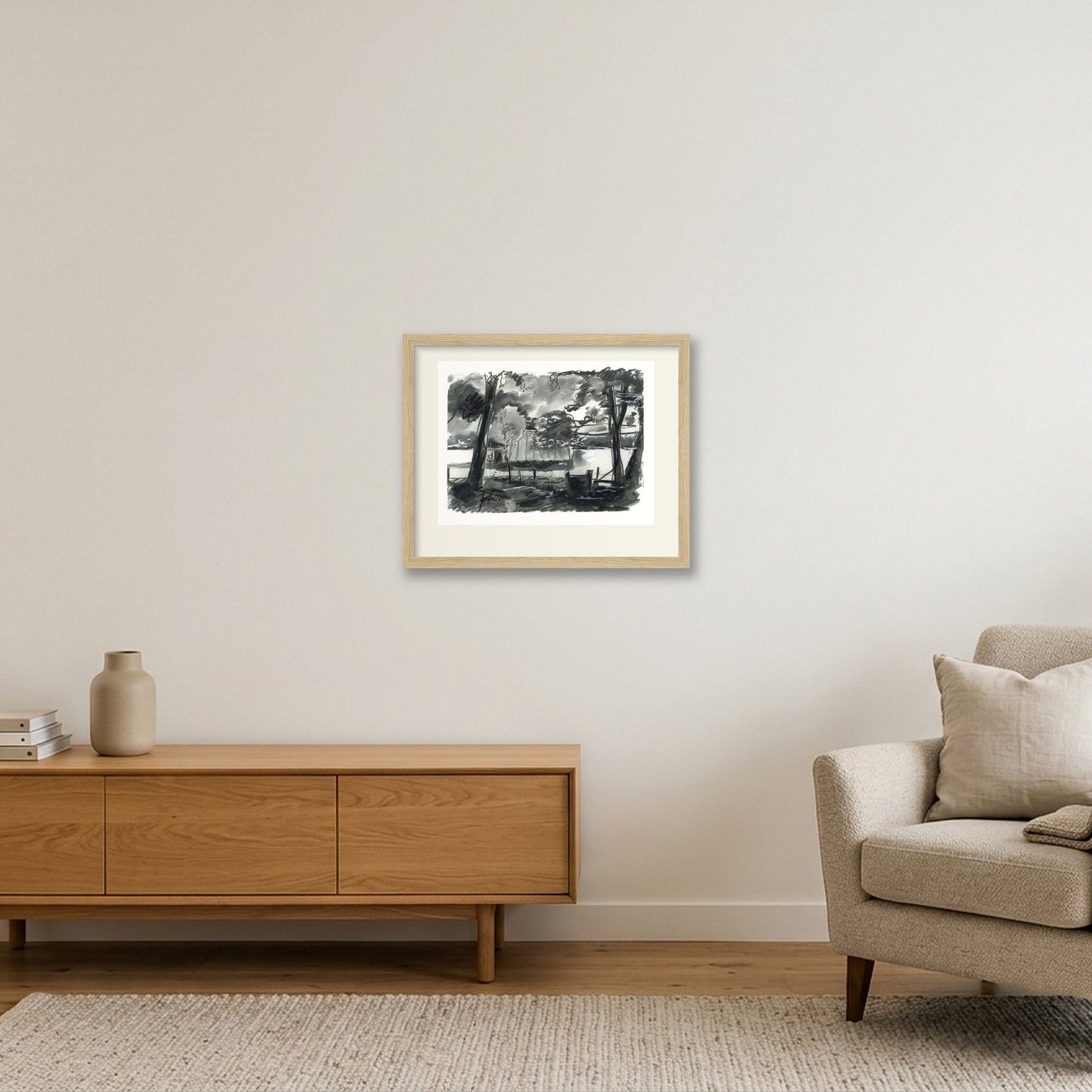 Chalford Valley Shed through trees — 35×28cm, 14×11" Oak Frame
