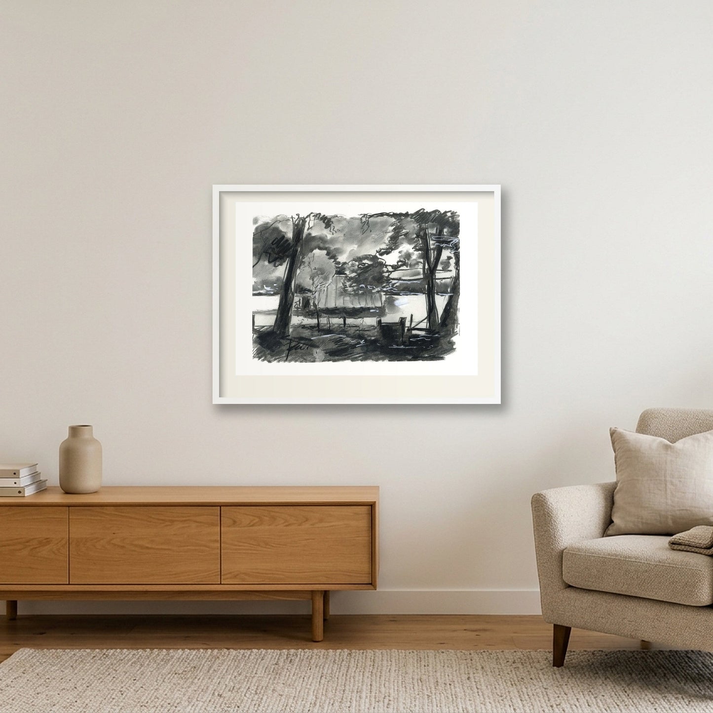 Chalford Valley Shed through trees — 80×60cm, 31×24" White Frame