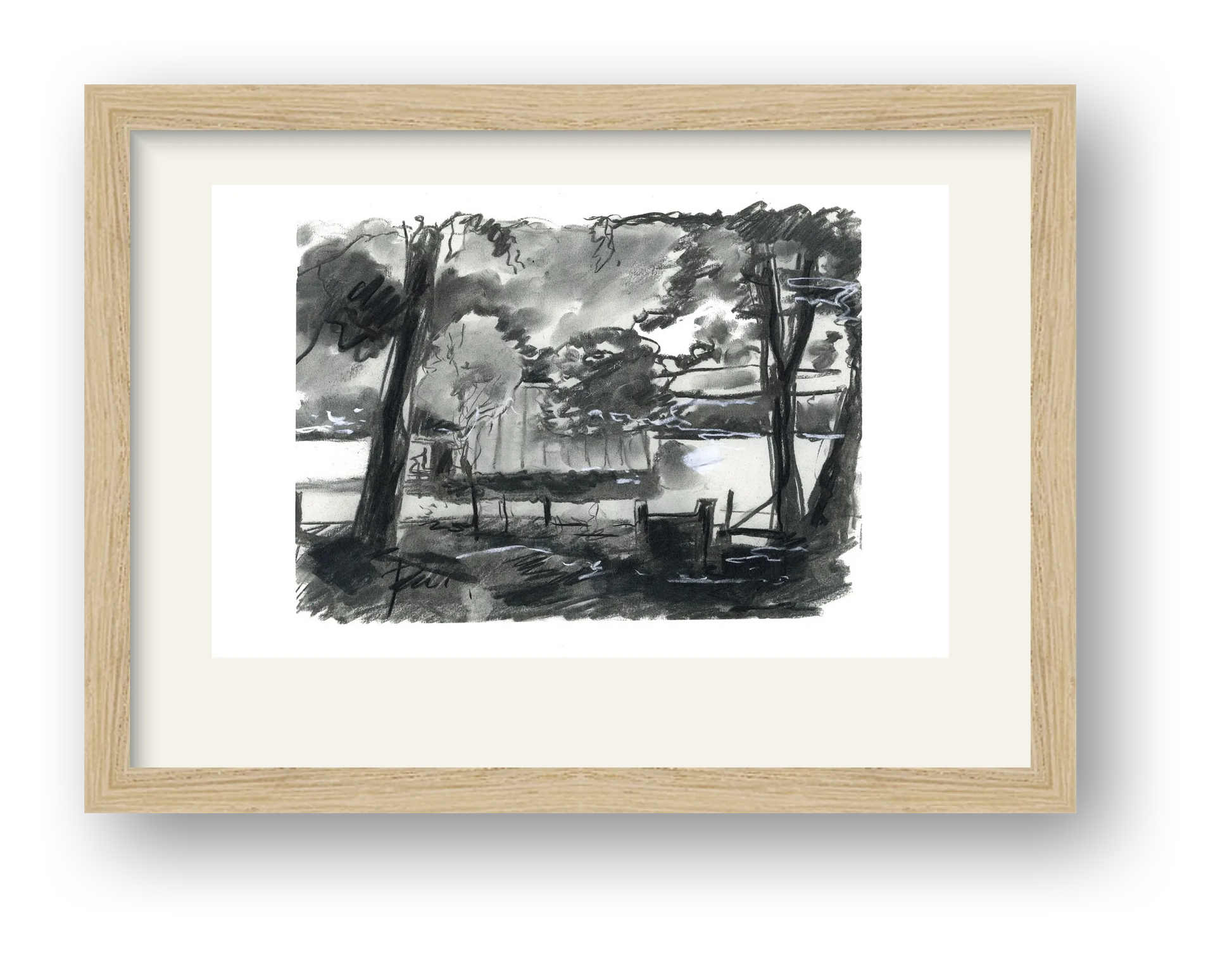Chalford Valley Shed through trees — framed