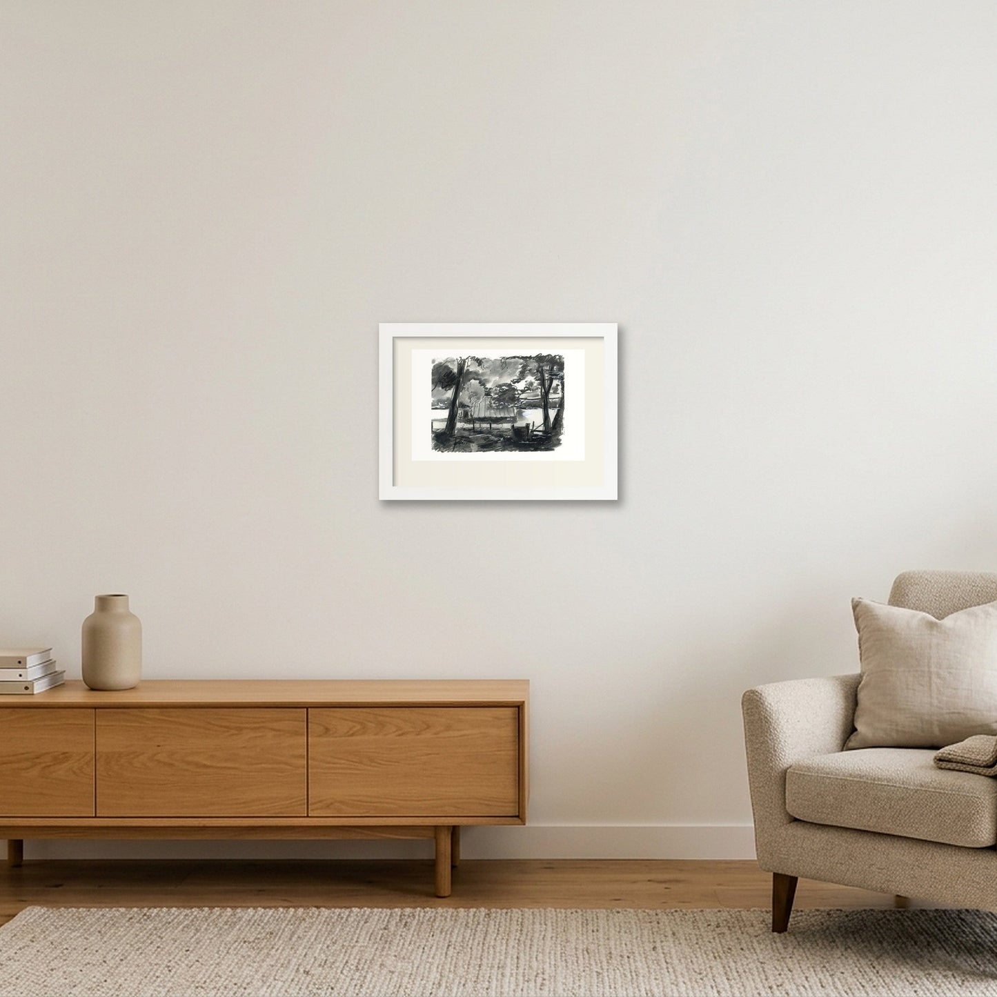 Chalford Valley Shed through trees — A4 (30×21cm, 12×8") White Frame