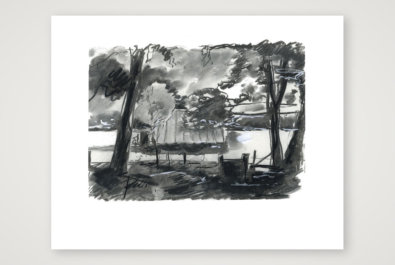 Chalford Valley Shed through trees — 35×28cm, 14×11" Print only