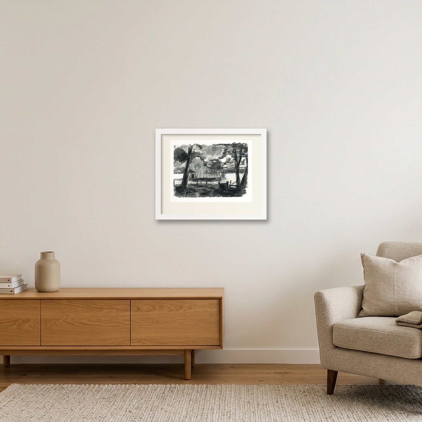 Chalford Valley Shed through trees — 35×28cm, 14×11" White Frame