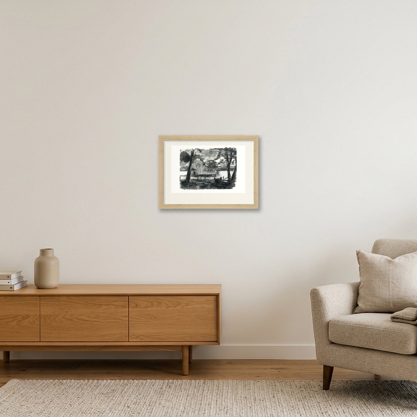 Chalford Valley Shed through trees — A4 (30×21cm, 12×8") Oak Frame