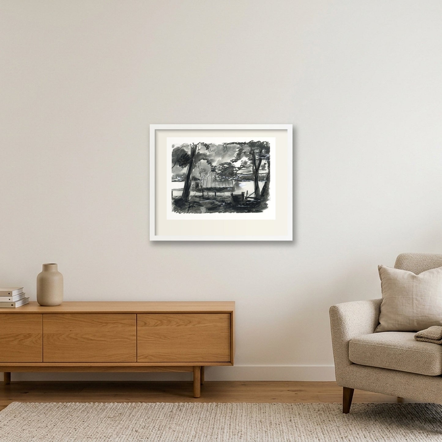 Chalford Valley Shed through trees — 50×40cm, 20×16" White Frame