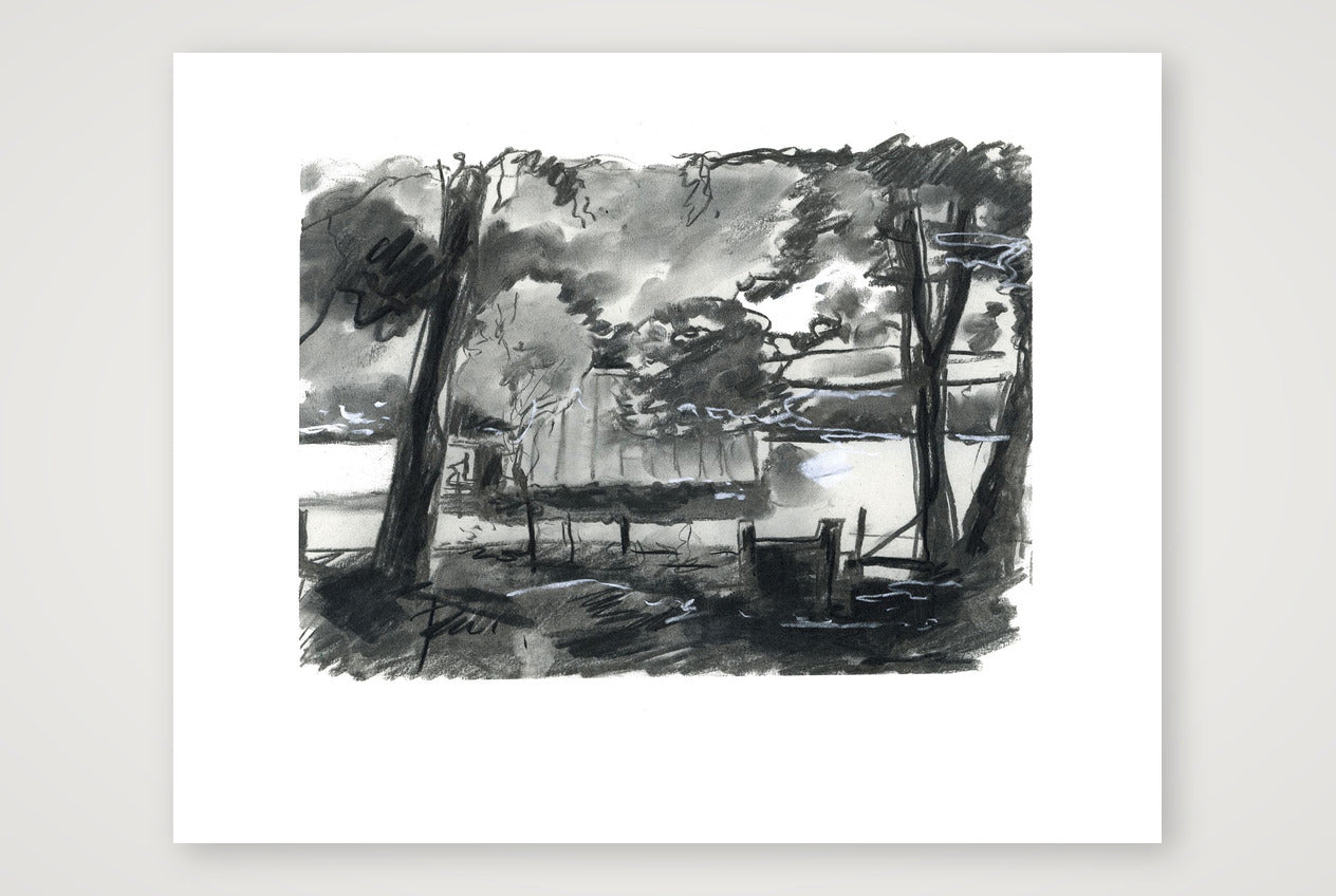 Chalford Valley Shed through trees — 50×40cm, 20×16" Print only