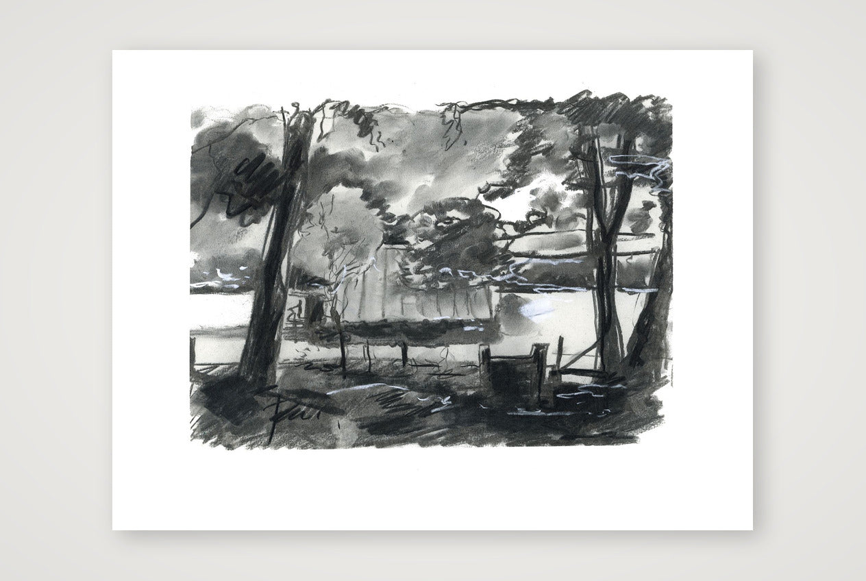 Chalford Valley Shed through trees — 80×60cm, 31×24" Print only
