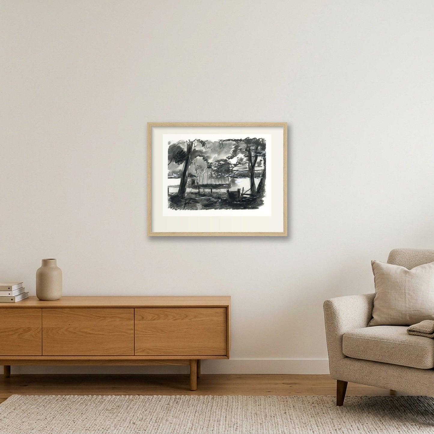 Chalford Valley Shed through trees — 50×40cm, 20×16" Oak Frame